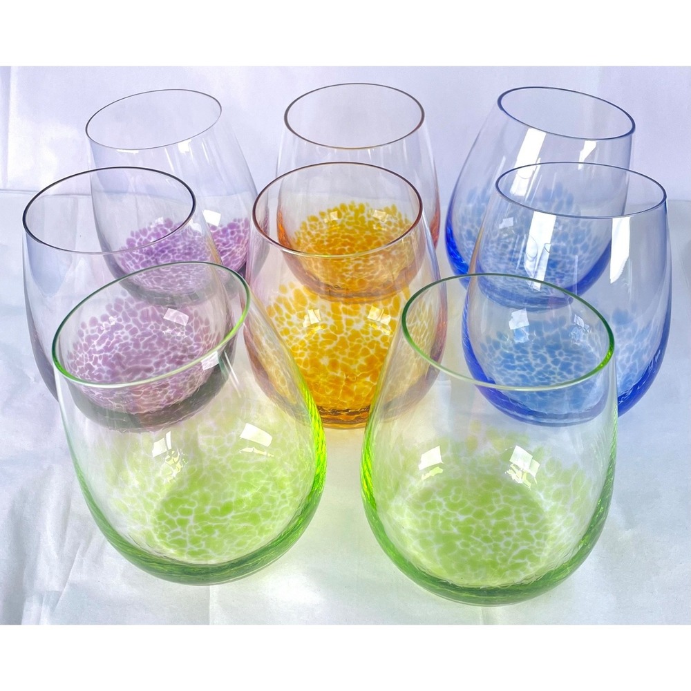 Art Glass Stemless Wine Glasses Set 8 Multicolor Hand Blown Style 13 Oz
